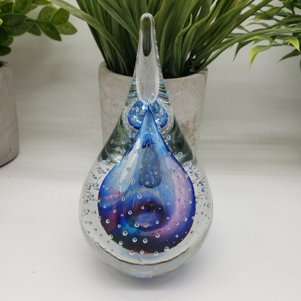 Signed Marian Prycak Bullicante Teardrop Design Blue Purple Colours Paperweight